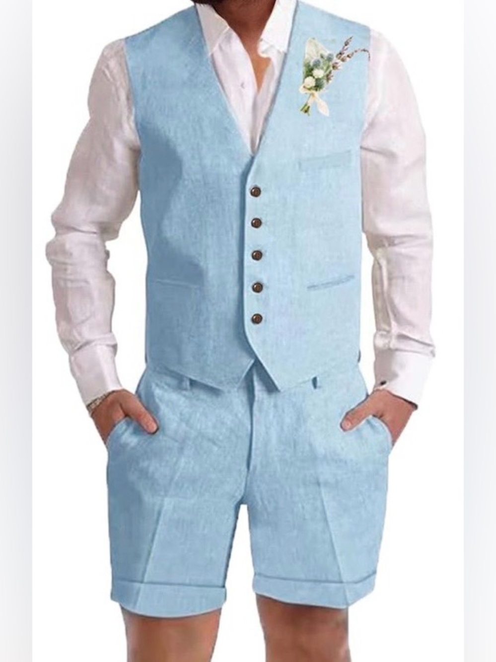 Dsteng Men’s 5XL Blue Linen 2 Piece Short Set Casual Summer Beach Wedding NWOT